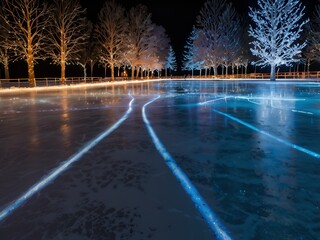 An enchanted ice rink where skaters leave trails of glowing light as they move