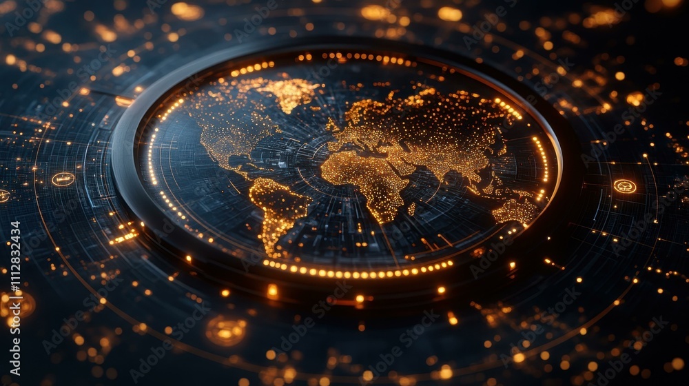 Poster cyber network visualization. futuristic digital globe displaying illuminated continents with glowing