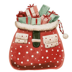 Red Christmas polka dot bag with gifts, cartoon style.  transparent background, png, children's illustration.