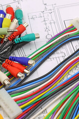 Copper electrical installation wires in colored insulation. Close-up. Soft focus.