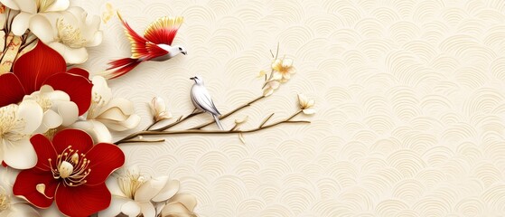 Chinese New Year A white and red background with two birds on a branch