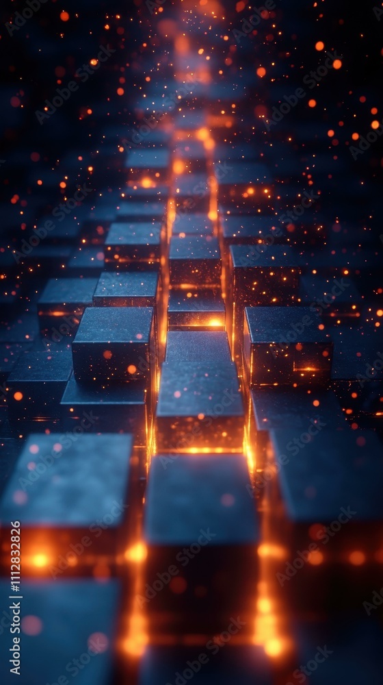 Poster the illuminated cubes dynamic scene of illuminated cubes and rectangular shapes emerging from a dark