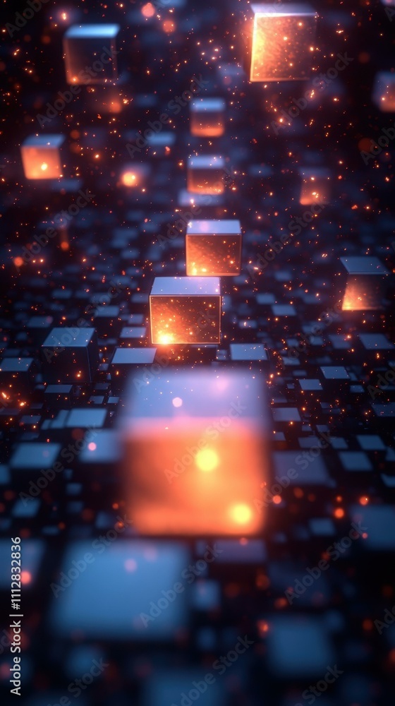 Aufkleber digital neon grid. futuristic glowing cubes floating in digital space with dark background for techn