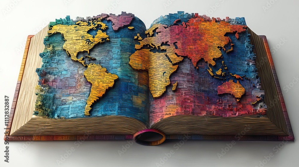Poster religious global mission spreading the word of an open bible or book with a colorful map of the worl