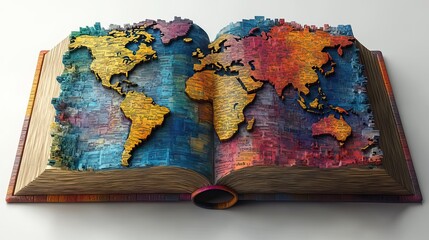 religious global mission spreading the word of an open bible or book with a colorful map of the world