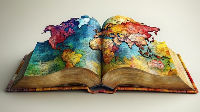 religious global mission spreading the word of an open bible or book with a colorful map of the world