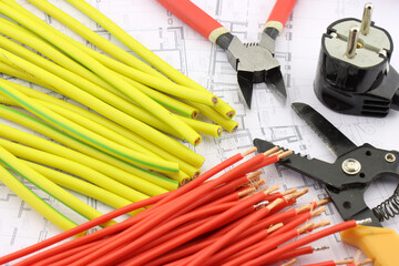 Copper electrical installation wires in colored insulation. Close-up. Soft focus.