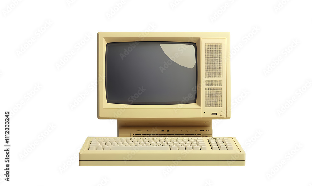Poster retro 1990s style beige desktop pc computer and monitor screen and keyboard. 3d illustration.