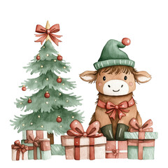 Scotland is a cow with a Christmas tree and gifts, cartoon style.  transparent background, png, children's illustration.