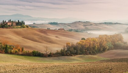 Obraz premium Tuscany, panoramic landscape with landmark rolling hills, AI gen