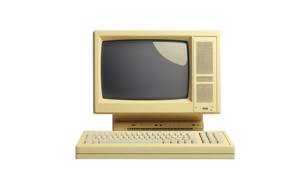 Retro 1990s style beige desktop PC computer and monitor screen and keyboard. 3D illustration.