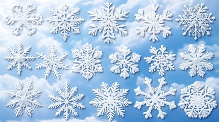 Collection of various detailed white snowflakes against a light blue sky with fluffy clouds.