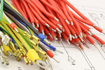 Copper electrical installation wires in colored insulation. Close-up. Soft focus.