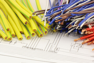 Copper electrical installation wires in colored insulation. Close-up. Soft focus.