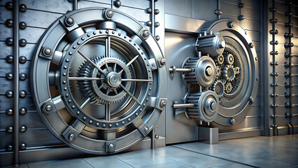 3D Illustration of Vault Door with Gears and Levers &ndash; Intricate Security System and Advanced Mechanical Design