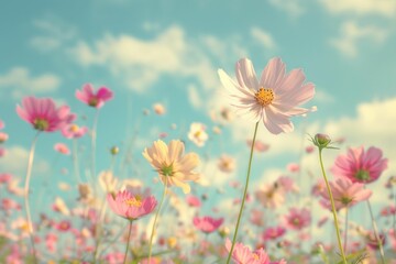 Beautiful blooming flowers in a vibrant field under a blue sky with soft clouds, showcasing delicate petals in shades of pink and yellow, creating a serene and cheerful atmosphere