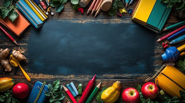 school supplies on blackboard background back to school concept copy space