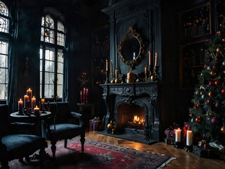 A gothic-style Christmas in a haunted mansion with eerie yet festive decorations