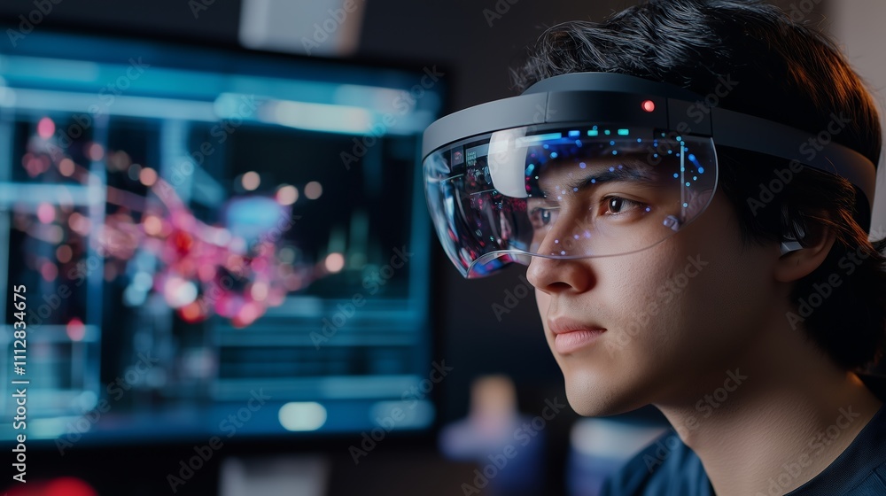 Poster teenager using augmented reality headset to analyze data on a screen in a modern workspace
