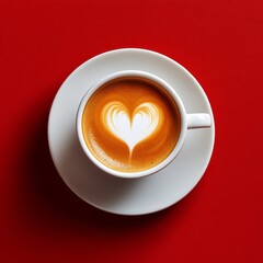 Warm coffee cup with heart shaped foam art on a bright red background in cozy cafe setting