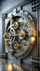 3D Illustration of Vault Door with Gears and Levers &ndash; Intricate Security System and Advanced Mechanical Design