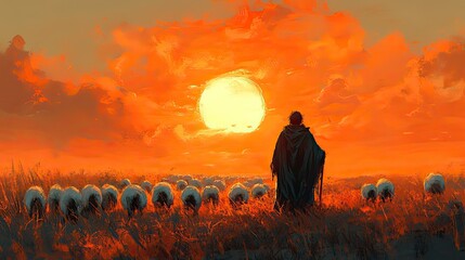 shepherd and flock of sheep digital painting