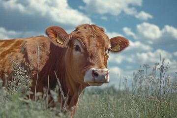 Curious cow in a green pasture under blue sky. Generative AI image