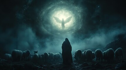 shepherds gaze at a radiant angel in the night sky with their flock nearby