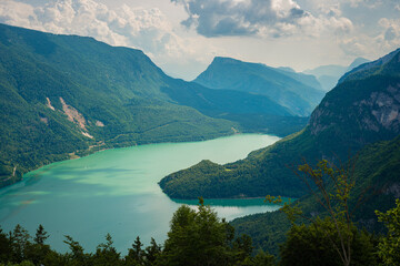 Fototapeta premium Beautiful turquoise colored Lake Molveno in the southern Italian Alps