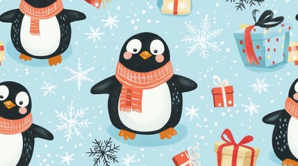 Obraz premium Christmas celebration with cute penguins festive pattern high fidelity design winter wonderland joyful concept