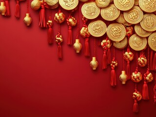 Fototapeta premium A festive arrangement of gold coins and decorative elements on a red background.