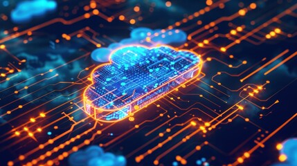 cloud computing, digital technology, network connectivity, data storage, abstract background, futuristic design, glowing elements, circuit board, blue and orange colors, technology concept