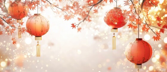 Fototapeta premium Chinese New Year A banner with four red lanterns hanging from a tree