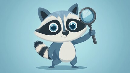 A cute raccoon cartoon holding a magnifying glass.