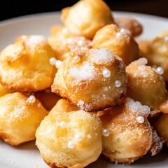 Golden, airy chouquettes sprinkled with pearl sugar, served on an elegant white ceramic plate, showcasing a delicious French pastry with a crispy texture and delicate sweetness.