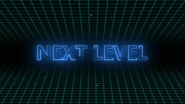 Next level Glowing neon text animation on technology grid background.