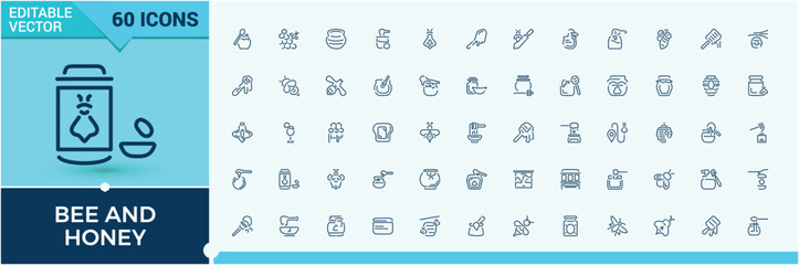 Bee And Honey icon set. Contains related to cosmetic, apiculture, dipper, color, collection and more. Minimal linear icons. Editable stroke. Vector illustration.