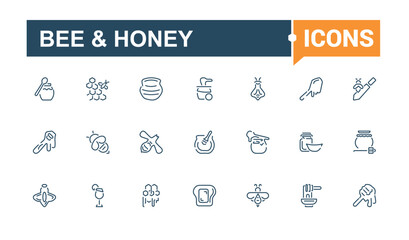 Bee And Honey icon set. Contains related to collection, honey jar, glyph, apiarist, illustration, tool, sign and more. Collection for mobile and web apps. Editable vector stroke.