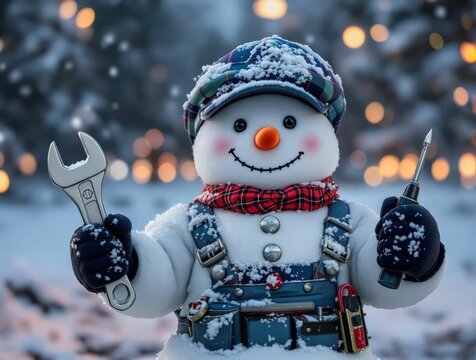 Snowman mechanic in overalls with tools holding wrench and screwdriver against winter landscape with lights, postcards, car service, garage, repair