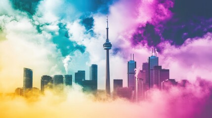 Colorful Toronto skyline, with city buildings and CN Tower emerging from a vibrant rainbow-hued cloud layer.