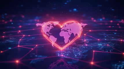Fototapeta premium Heart-shaped globe connected by digital networks.