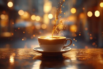 Obraz premium Coffee cup pouring liquid with splashes in a cozy urban cafe during the evening