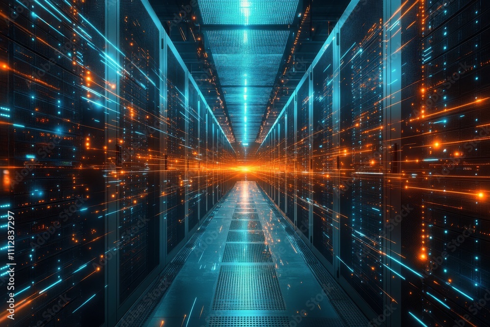 Poster data center illuminated by vibrant light beams creating a dynamic and futuristic atmosphere