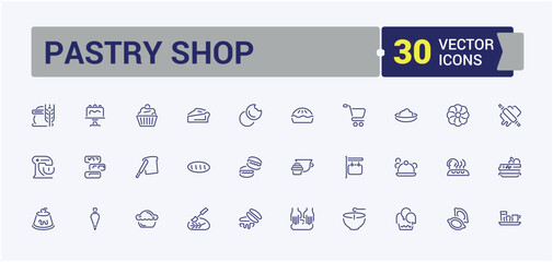Pastry Shop icon pack. Contains related to accessories, Bakery, cake, pastry, cook, pin, graphic, collection. Thin outline icons pack. Editable stroke. Vector illustration.