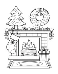 Cozy Fireplace Scene with a Stocking and Holiday Decorations