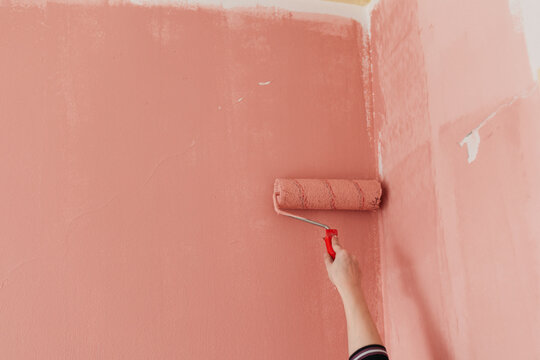 Paint roller on a pink wall