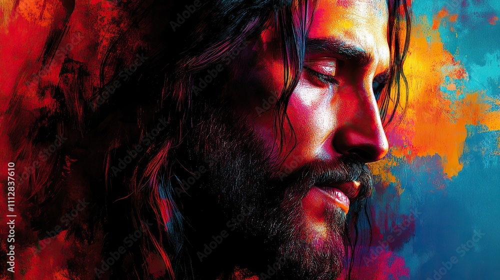 Poster sketch of the face of jesus christ in a modern style colorful abstract background