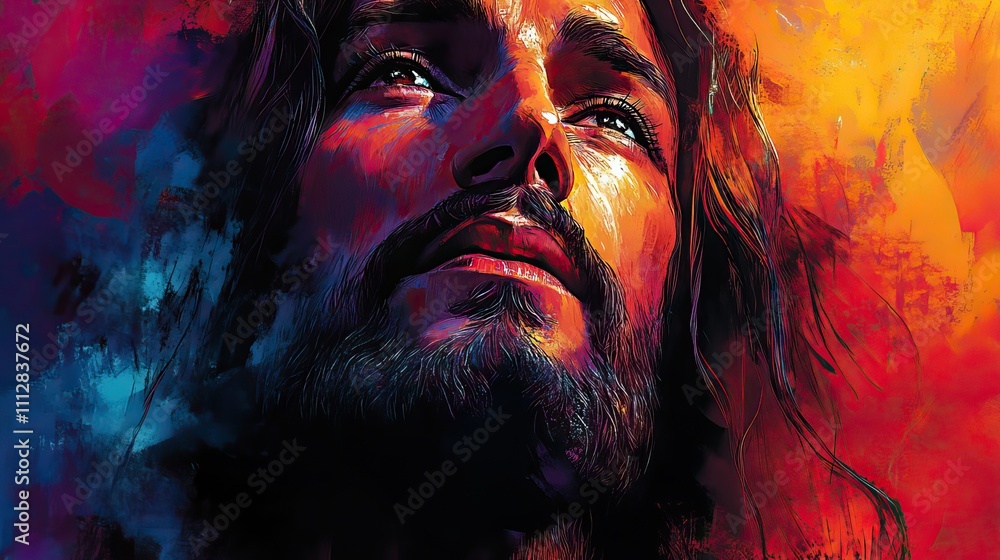 Poster sketch of the face of jesus christ in a modern style colorful abstract background