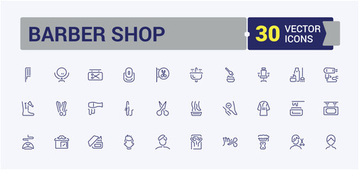 Barber Shop icon set. Contains such icons as comb, accessory, grooming routine, brush, hairdryer, haircut, styling and more. Minimalistic web and UI icons. Editable stroke.