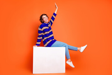 Full body length photo of brown hair woman in trendy outfit sitting white podium optimistic have...